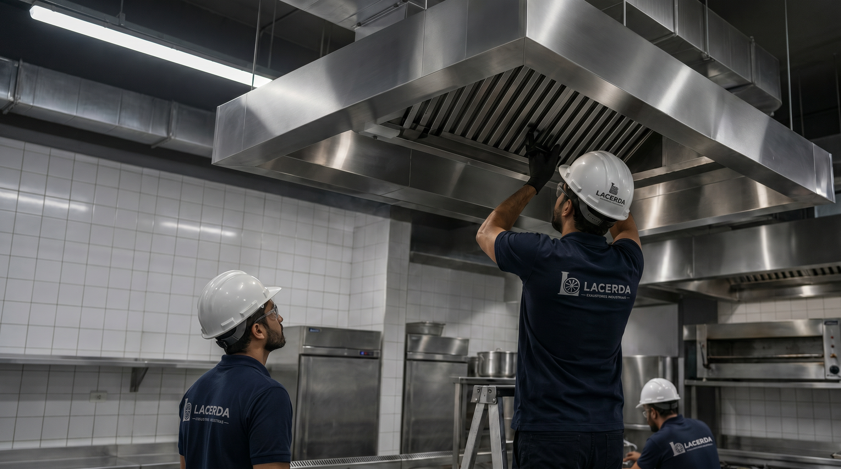 Equipe Lacerda instalando coifa industrial em cozinha profissional