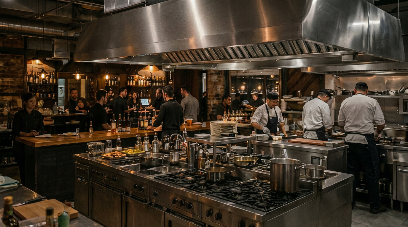 Cozinha profissional de restaurante com sistema de exaustão