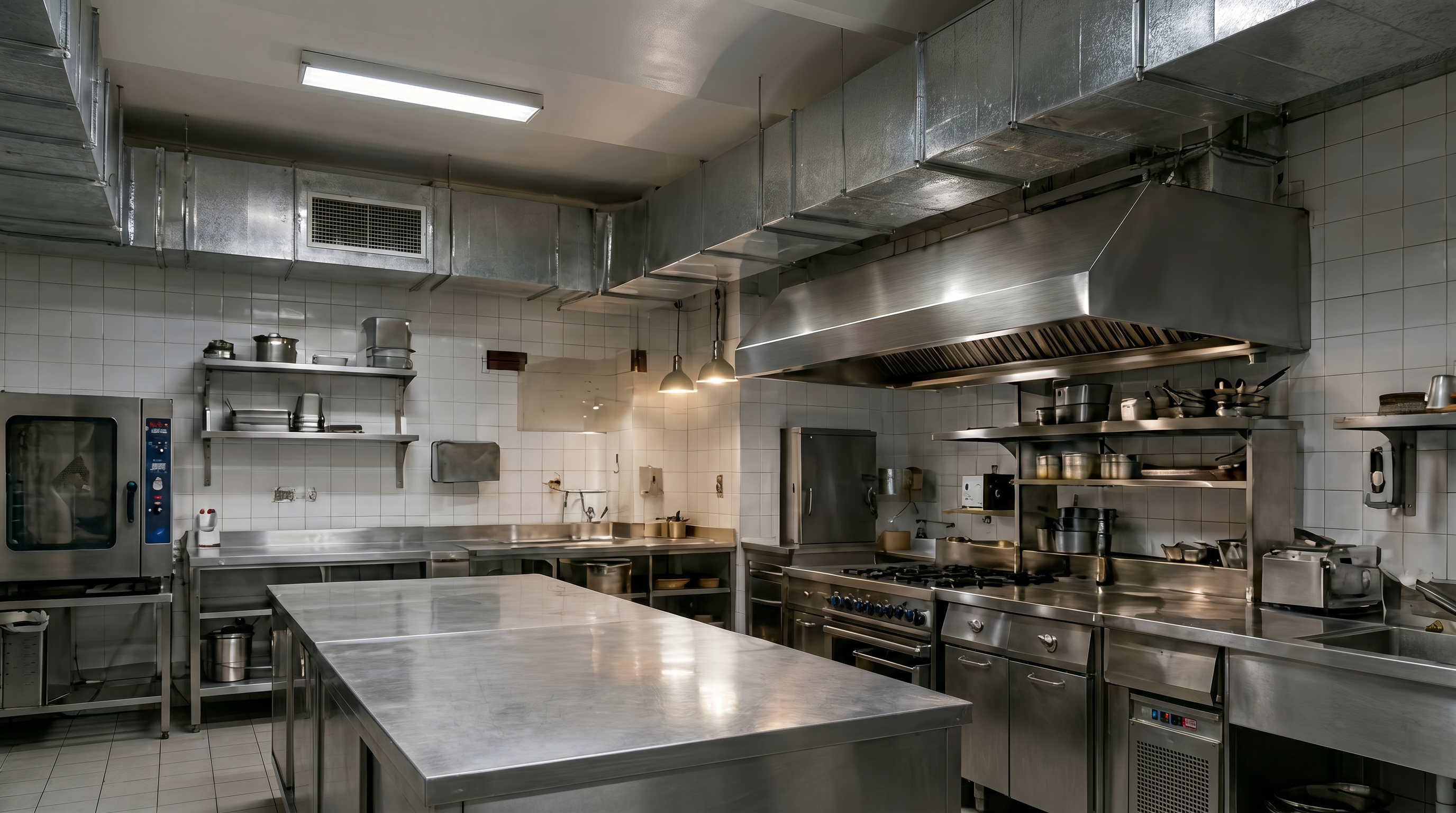 Cozinha profissional com coifa e dutos de exaustão em inox